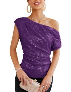 Close-up of purple sequined one-shoulder top with side ruching details and metallic texture