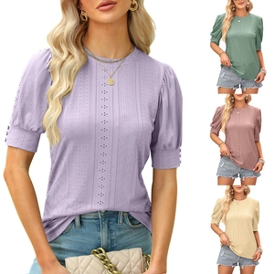 Women's Summer Short Puff Sleeve T-Shirt Round Neck Eyelet Hollow Out Knit Top With Button Detail Casual Fashion Tee
