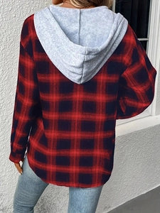 Back view of a red and black plaid hooded shirt with curved hem and contrast grey hood