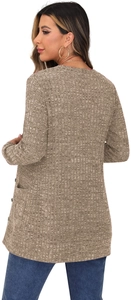 Detail of chunky knit texture and side pocket on a brown long sleeve cardigan