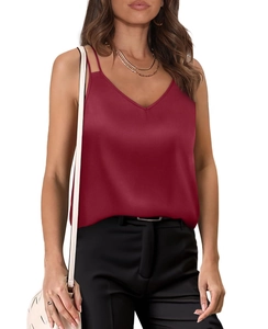 Close-up of elegant V-neck wine red satin camisole featuring delicate double shoulder straps
