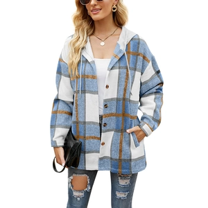 Women's plaid hooded shacket in blue and white checks with button-down front and pockets