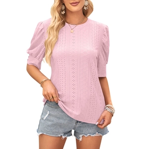 Pink short sleeve top for women with eyelet embroidery and stylish puff sleeves