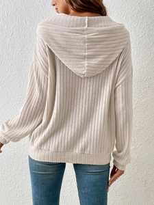 Back view of a ribbed knit hoodie featuring drop shoulders and casual loose fit