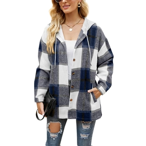 Women's plaid hooded shacket jacket with buttons and drawstring on white background