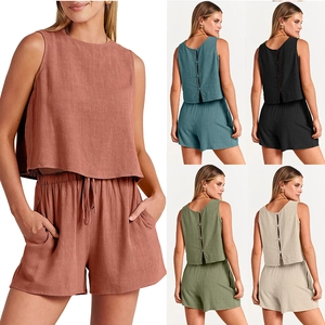 Tenues en Mélange de Lin pour Femmes Top Crop Sans Manches Col Rond Et Shorts Taille Haute Avec Cordon Et Poches Été Décontracté Vacances
