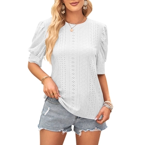 Women's white short sleeve eyelet embroidered top with round neck and puff sleeves