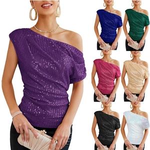 Women Sexy One Shoulder Sequin Top Ruched Short Sleeve Blouse Asymmetrical Shiny Party Evening Club Wear T-Shirt For Ladies