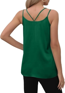 Detail view of double cross straps on a dark green satin camisole top for women