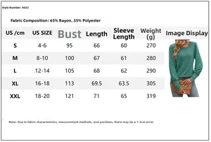Detailed size chart for long sleeve shirt with bubble sleeves and button trim details