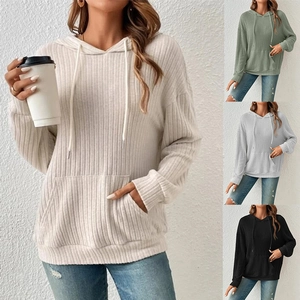 Women Ribbed Knit Long Sleeve Hoodie Casual Loose Drawstring Sweatshirt With Kangaroo Pocket Solid Color Fall Fashion Top