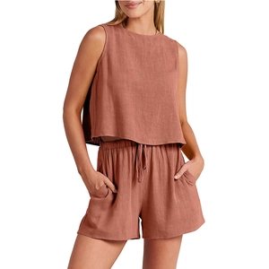 Ensemble d'été pour femme avec haut court sans manches et short à cordon rouge brique