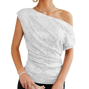 Elegant silver sequin one-shoulder short sleeve top with ruched waist for party wear