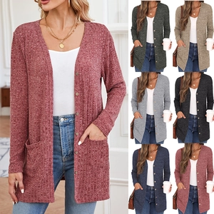 Women's Long Sleeve Ribbed Knit Cardigan V-Neck Button Down Loose Sweater Coat With Pockets Solid Color Soft Casual Outwear