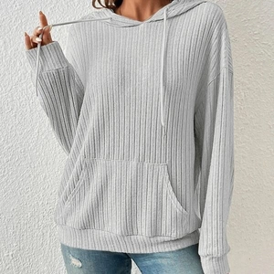 Women's light grey ribbed knit hoodie with drawstring hood and kangaroo pocket
