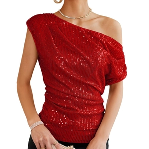 Elegant one-shoulder red sequin top with flattering ruched waist for party wear