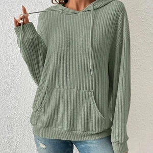 Women's sage green ribbed knit hoodie with kangaroo pocket and drawstring detail