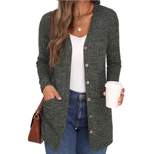 Women's loose long-sleeved knitted cardigan with V-neck and pockets in dark grey melange