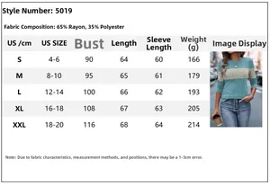 Detailed size chart for long sleeve color block t-shirt showing US sizes and measurements
