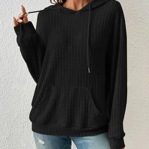 Women's black ribbed knit hoodie with drawstring hood and kangaroo pocket for casual wear