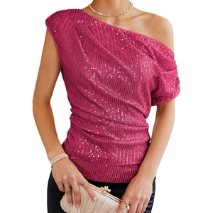 Fuchsia one-shoulder sequin top with elegant ruching and shimmering party-ready texture