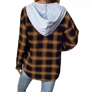 Women's plaid hooded shirt jacket featuring brown check pattern and casual fit