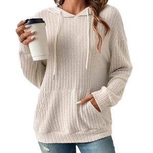 Women's rib-knit hoodie sweatshirt with kangaroo pocket and drawstring in beige