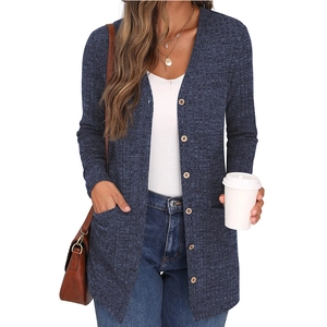 Navy blue knitted long sleeve cardigan with buttons and front pockets for women
