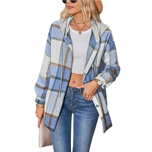 Women's blue and white plaid hooded shirt jacket in a relaxed mid-length fit
