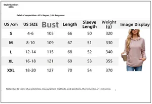 Size guide table for women's ribbed knit hoodie with measurements from S to XXL