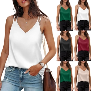 Women V Neck Satin Camisole Double Straps Loose Sleeveless Tank Top Casual Summer Solid Color Elegant Fashion Sexy Top
