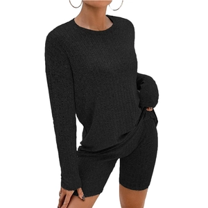 Women's 2-piece black rib-knit leisure set featuring long sleeve top and matching shorts