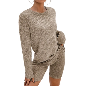 Women's two-piece casual knit set with long sleeve crewneck top and ribbed shorts