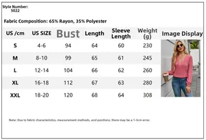 Detailed size chart for V-neck long sleeve top with rayon and polyester fabric specs