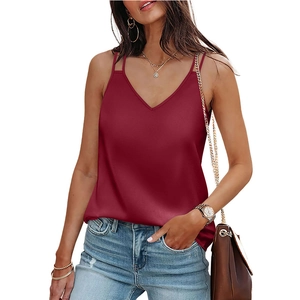 Burgundy V-neck camisole top with thin double shoulder straps and silky satin finish