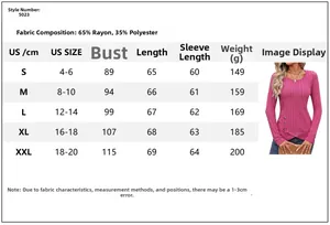 Detailed size guide table for women's long sleeve crewneck top with fabric specifications