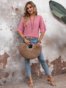 Detail of double-layered ruffle sleeves on this mauve V-neck summer casual T-shirt