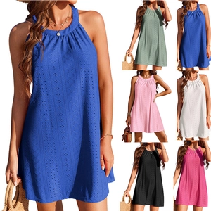 Women Summer Eyelet Embroidery Halter Mini Dress Sleeveless Hollow Out A-Line Casual Beach Vacation Sun Dress