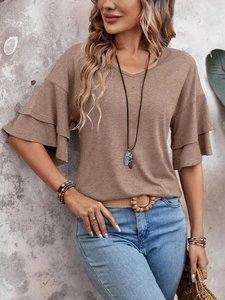 Detailed shot of double-layered ruffle sleeves on this casual V-neck summer T-shirt