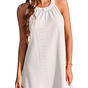 White sleeveless eyelet crochet halter neck mini dress with diamond pattern texture