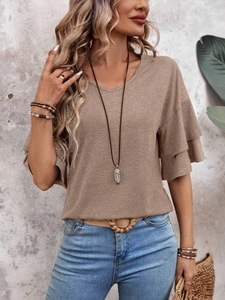 Detail view of khaki V-neck T-shirt showing unique double-layered ruffle sleeves texture