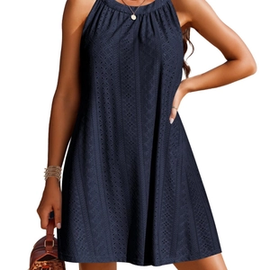 Women's dark blue sleeveless eyelet embroidery halter dress in an A-line cut style