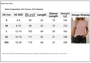 Size chart for women's short sleeve crewneck T-shirt with viscose and polyester blend details