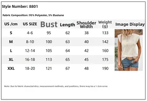 Size chart for women's jacquard short sleeve T-shirt with US dimensions and fabric specs
