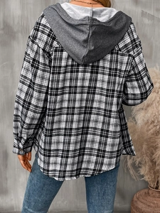 Back view of a casual black and white plaid shirt featuring a grey hood and flannel texture