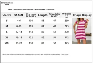 Guide des tailles pour robe rayée femme avec détails de tissu et mesures précises