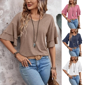 Women's Casual V Neck Ruffle Sleeve T-Shirt Loose Tiered Short Sleeve Summer Top Rayon Polyester Solid Color Bohemian Tee