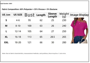 Size chart showing US dimensions and material blend for the off-shoulder knit top