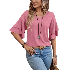 Women's casual V-neck T-shirt in dusty rose pink with tiered ruffle layered sleeves