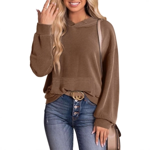 Women's brown ribbed knit oversized hoodie with drop shoulder and kangaroo pocket